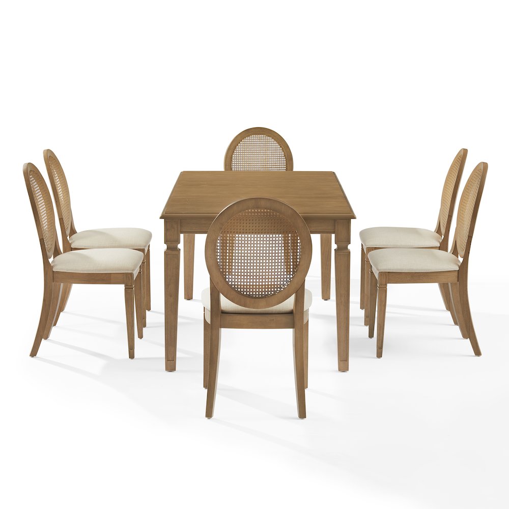 Katia 7Pc Dining Table Set For 6 Cane-Back Upholstered Chairs In Driftwood
