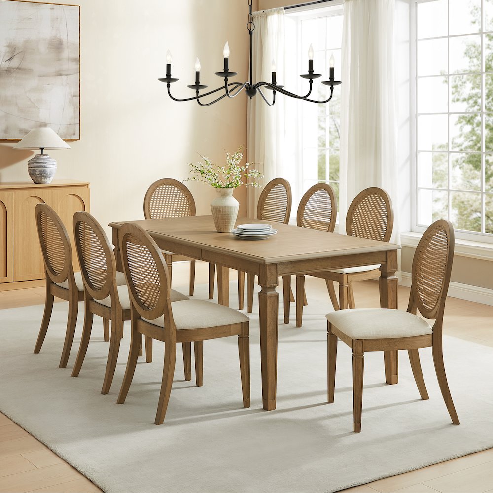 Katia 9Pc Dining Table Set For 8 Cane-Back Upholstered Chairs In Driftwood