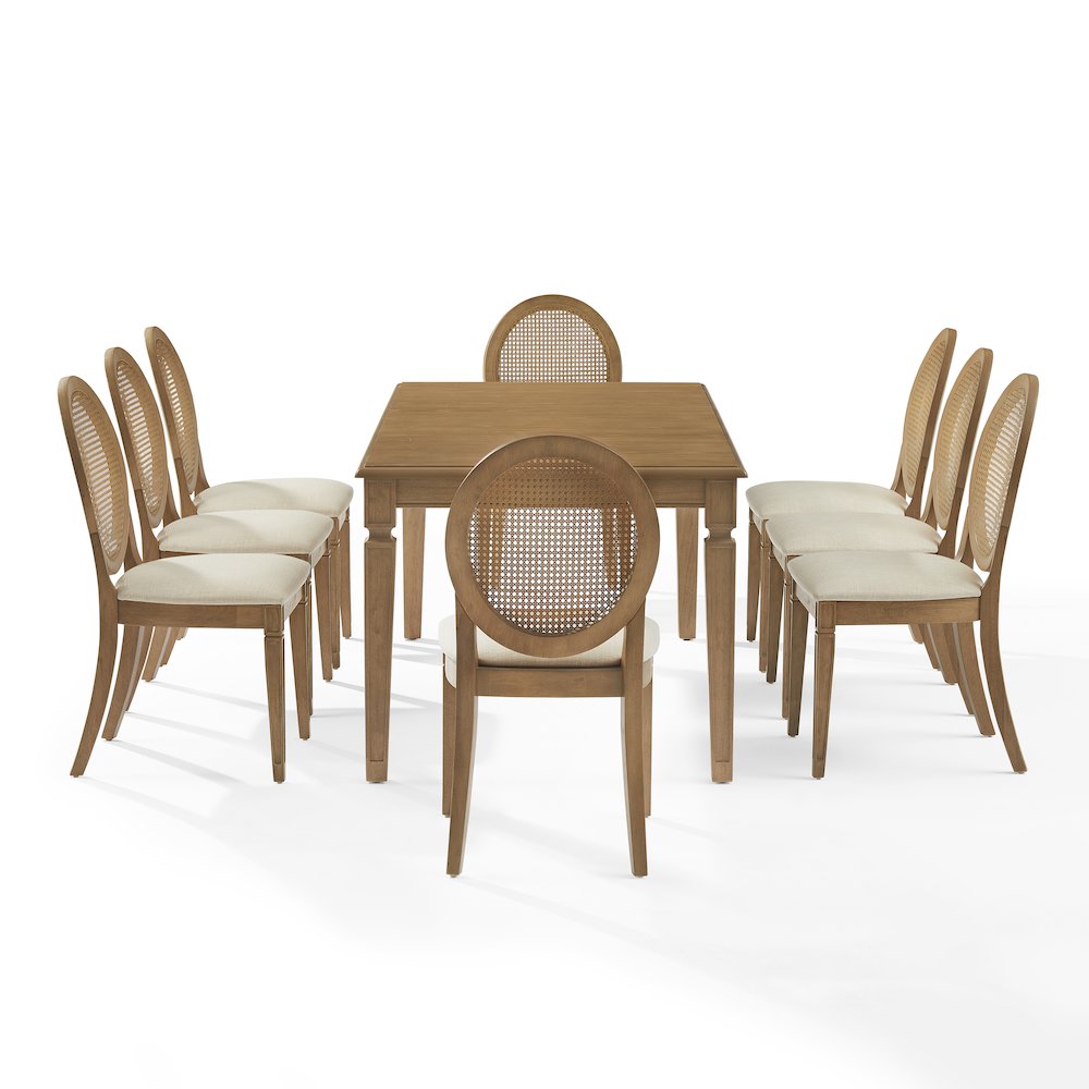 Katia 9Pc Dining Table Set For 8 Cane-Back Upholstered Chairs In Driftwood