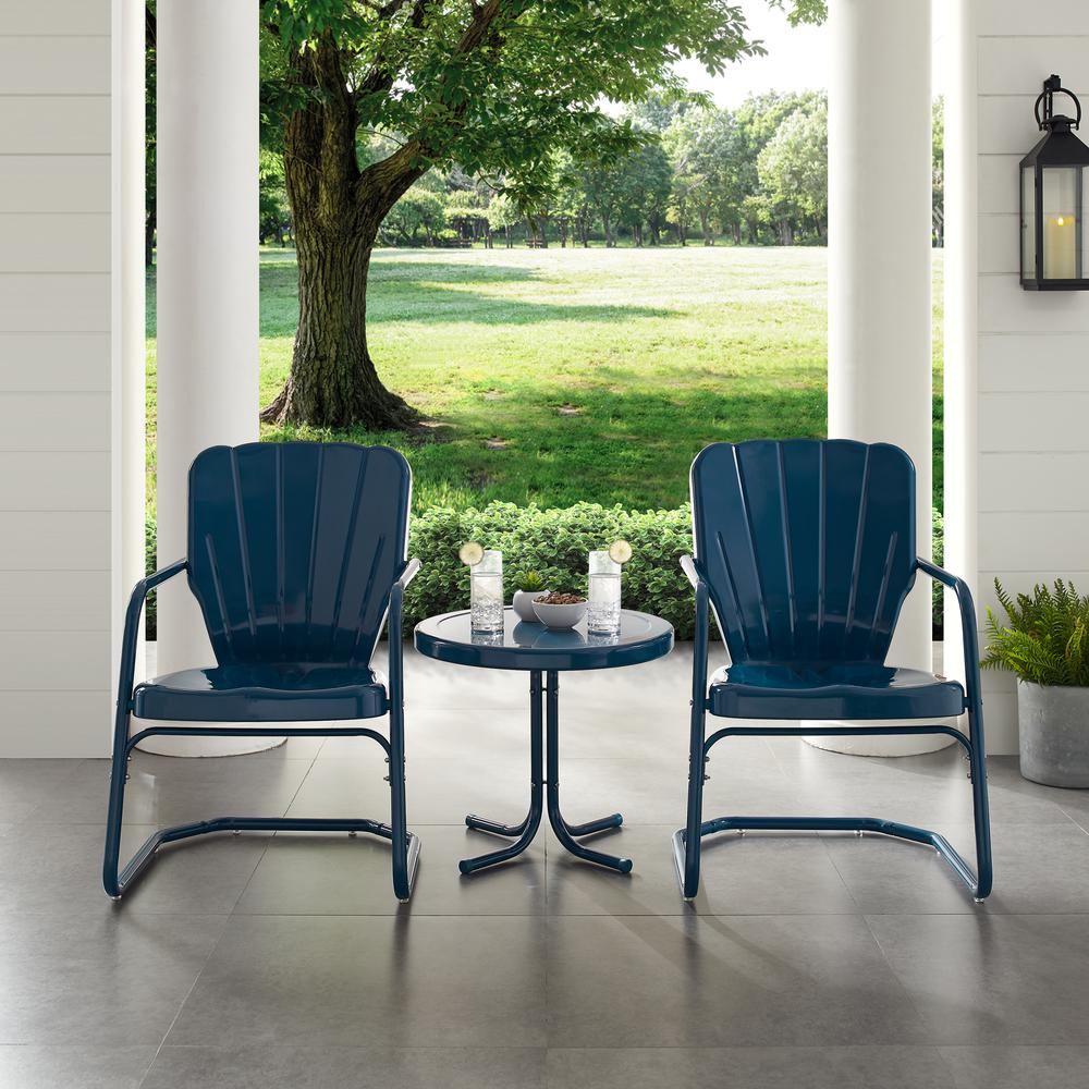 Ridgeland 3Pc Outdoor Metal Armchair Set Navy – Side Table & 2 Chairs