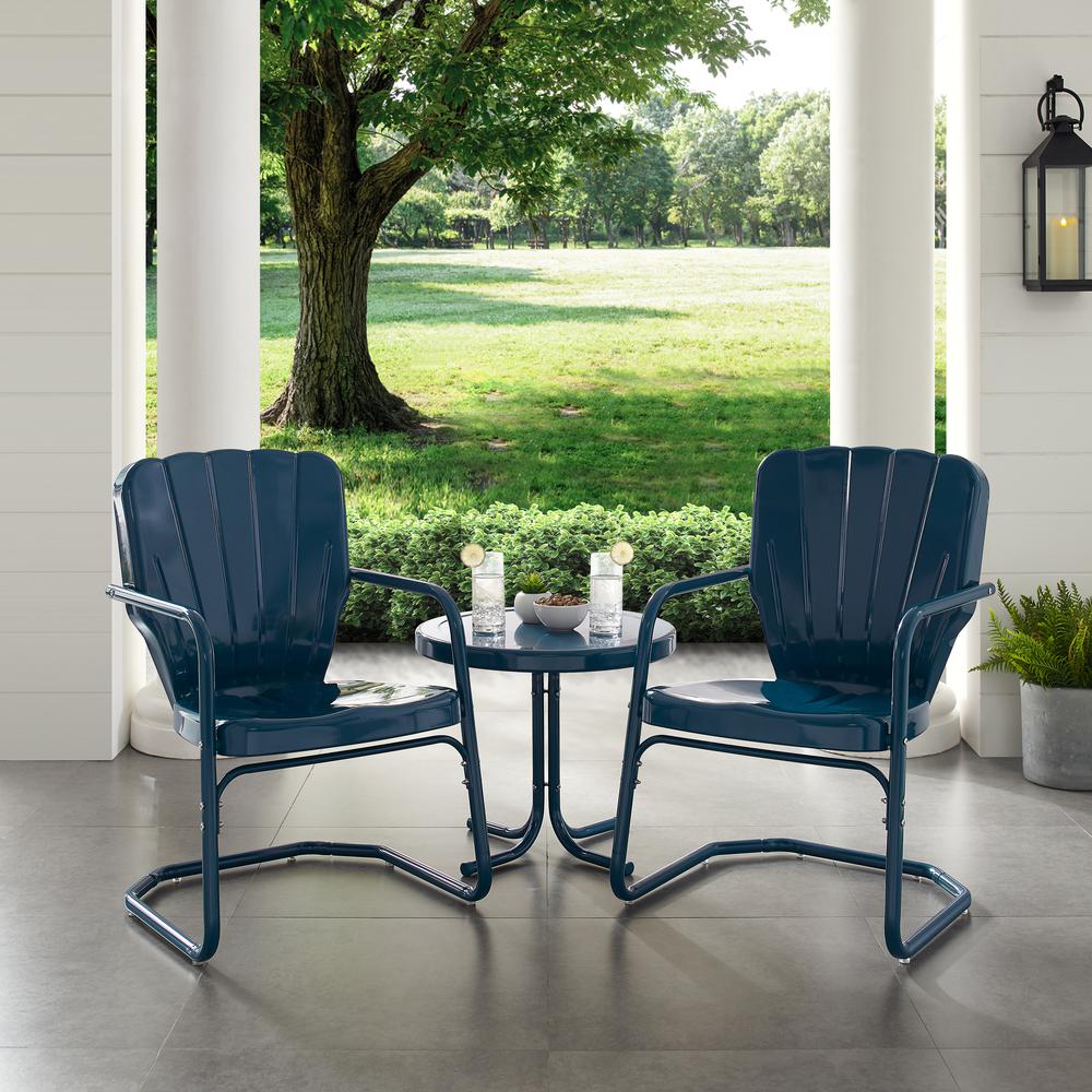 Ridgeland 3Pc Outdoor Metal Armchair Set Navy – Side Table & 2 Chairs