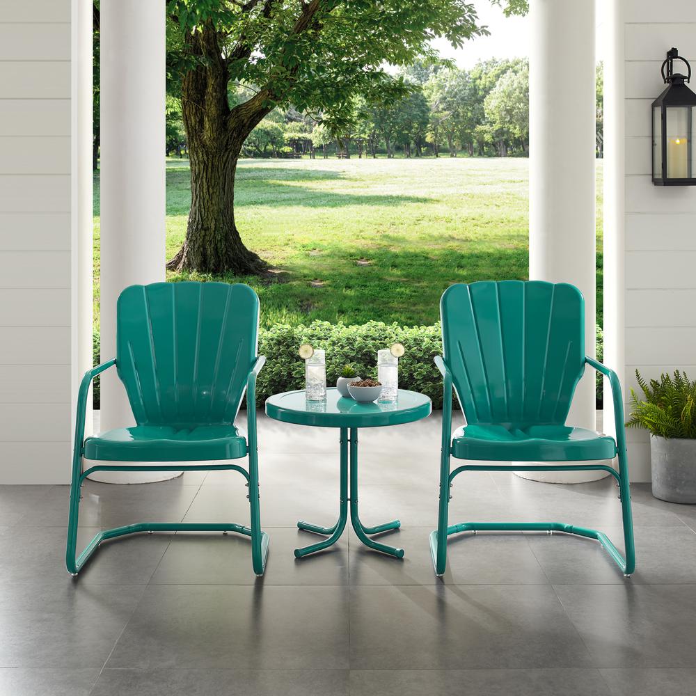 Ridgeland 3Pc Outdoor Metal Armchair Set Turquoise – Side Table & 2 Chairs