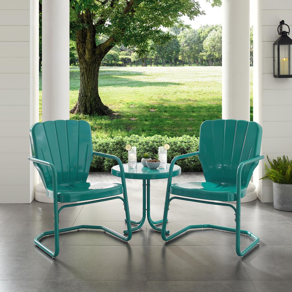 Ridgeland 3Pc Outdoor Metal Armchair Set Turquoise – Side Table & 2 Chairs