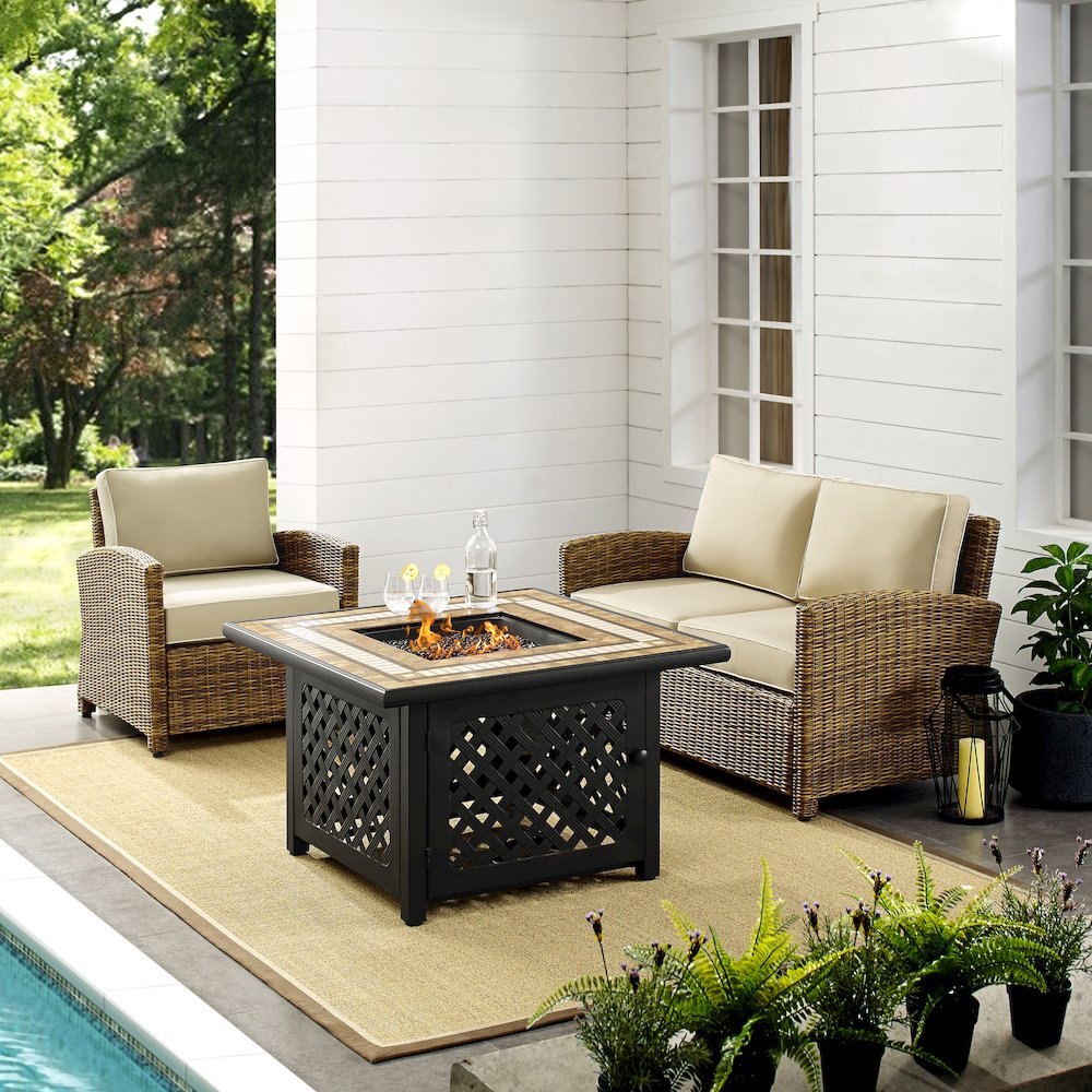 Bradenton 3Pc Wicker Outdoor Loveseat Set W/ Fire Table