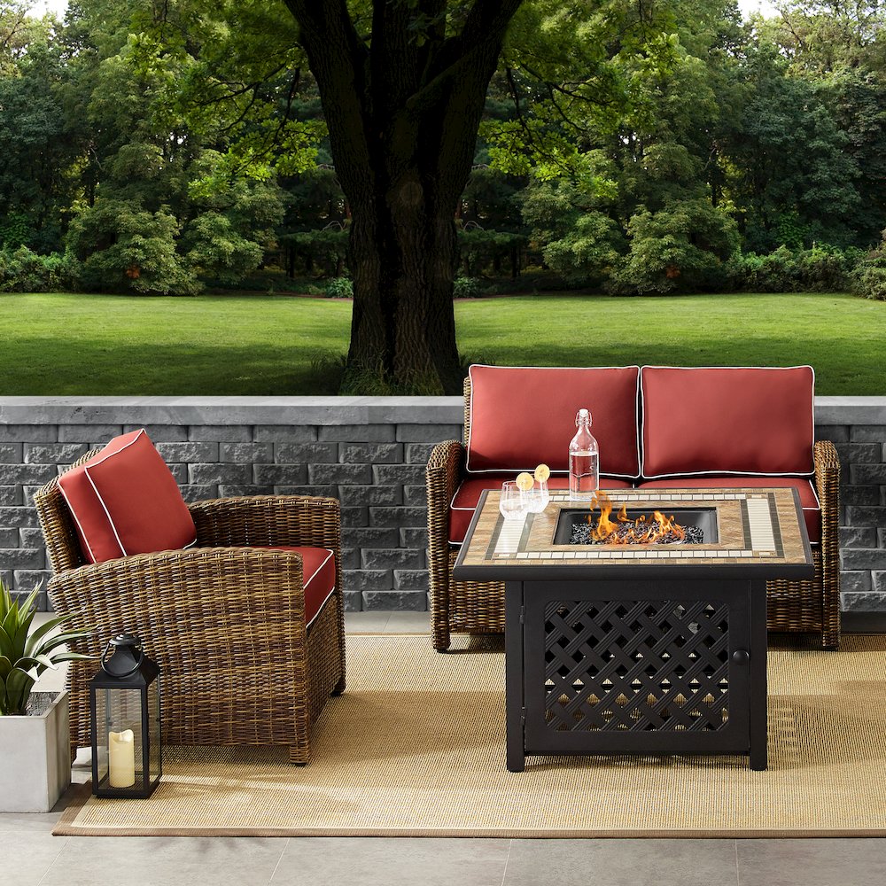 Bradenton 3Pc Wicker Outdoor Loveseat Set W/ Fire Table