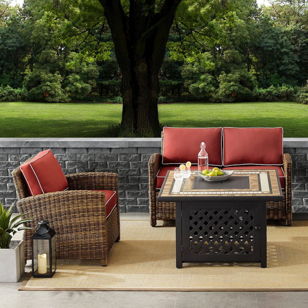 Bradenton 3Pc Wicker Outdoor Loveseat Set W/ Fire Table