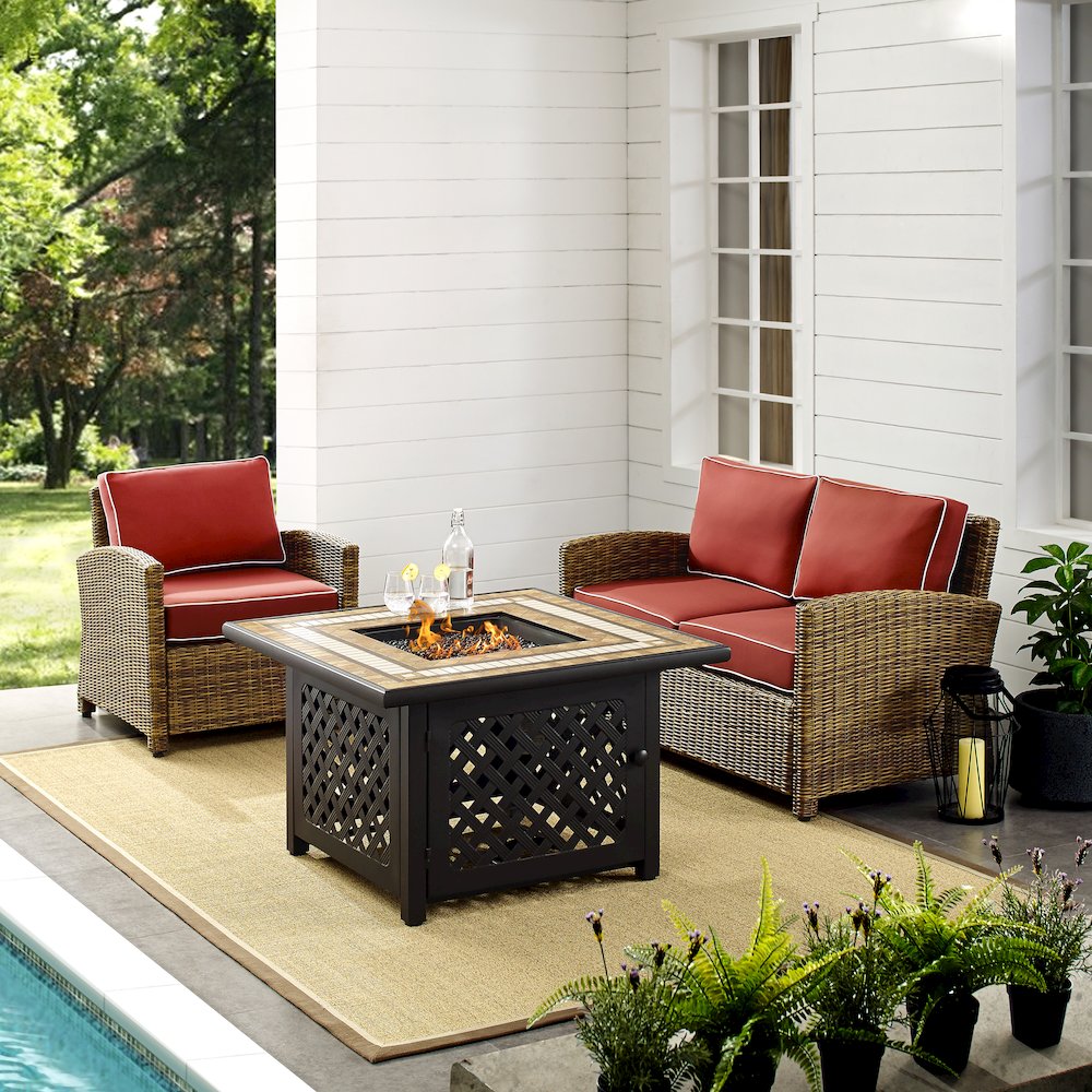 Bradenton 3Pc Wicker Outdoor Loveseat Set W/ Fire Table