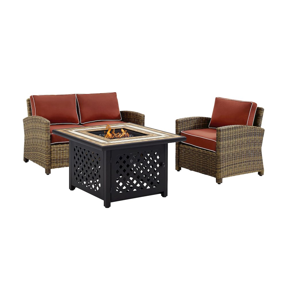 Bradenton 3Pc Wicker Outdoor Loveseat Set W/ Fire Table