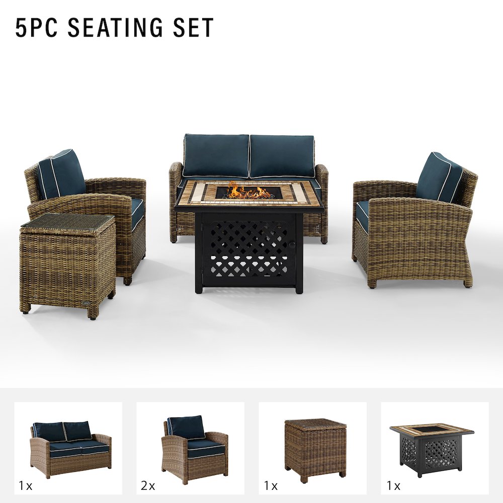 Bradenton 5Pc Wicker Outdoor Loveseat Set W/ Fire Table