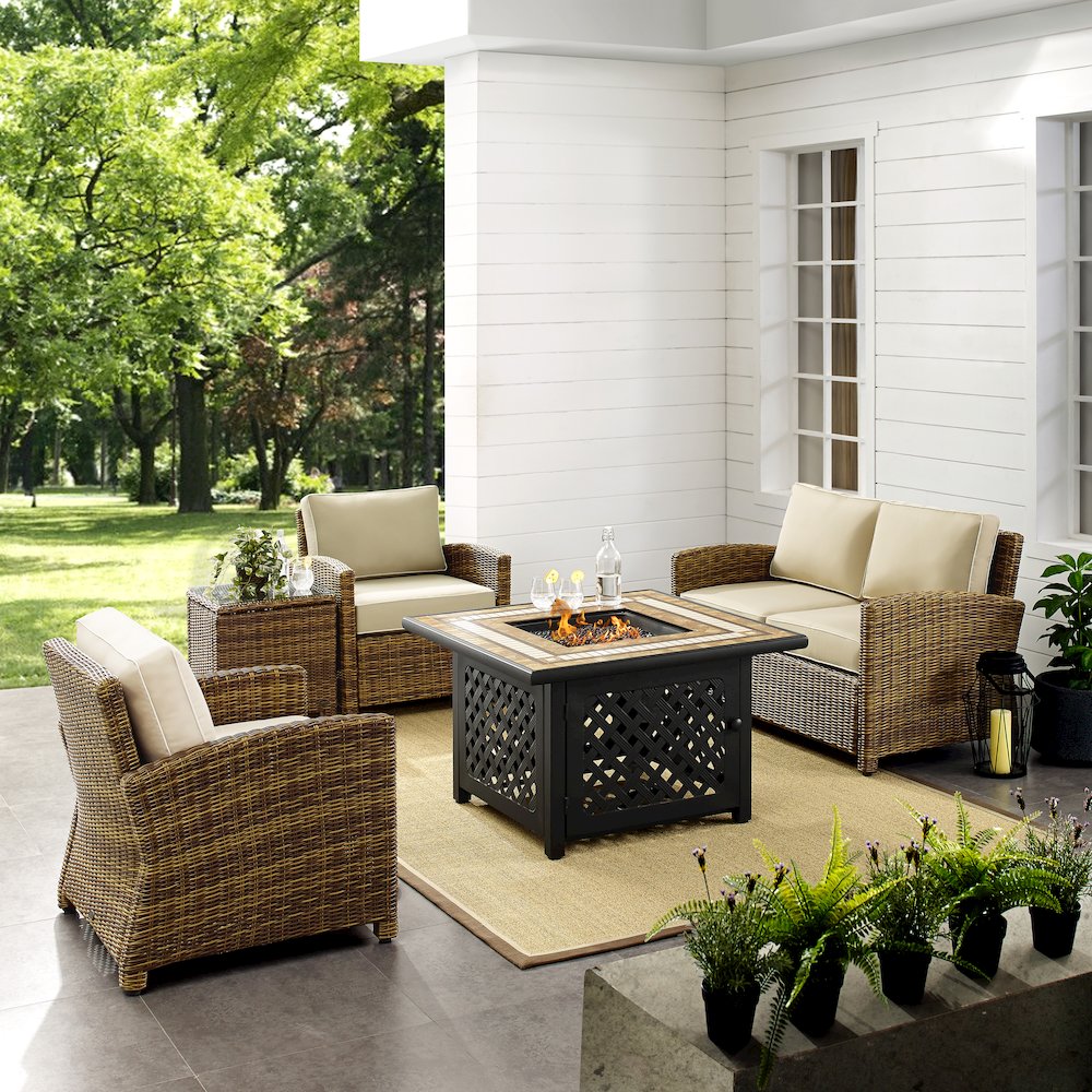 Bradenton 5Pc Wicker Outdoor Loveseat Set W/ Fire Table