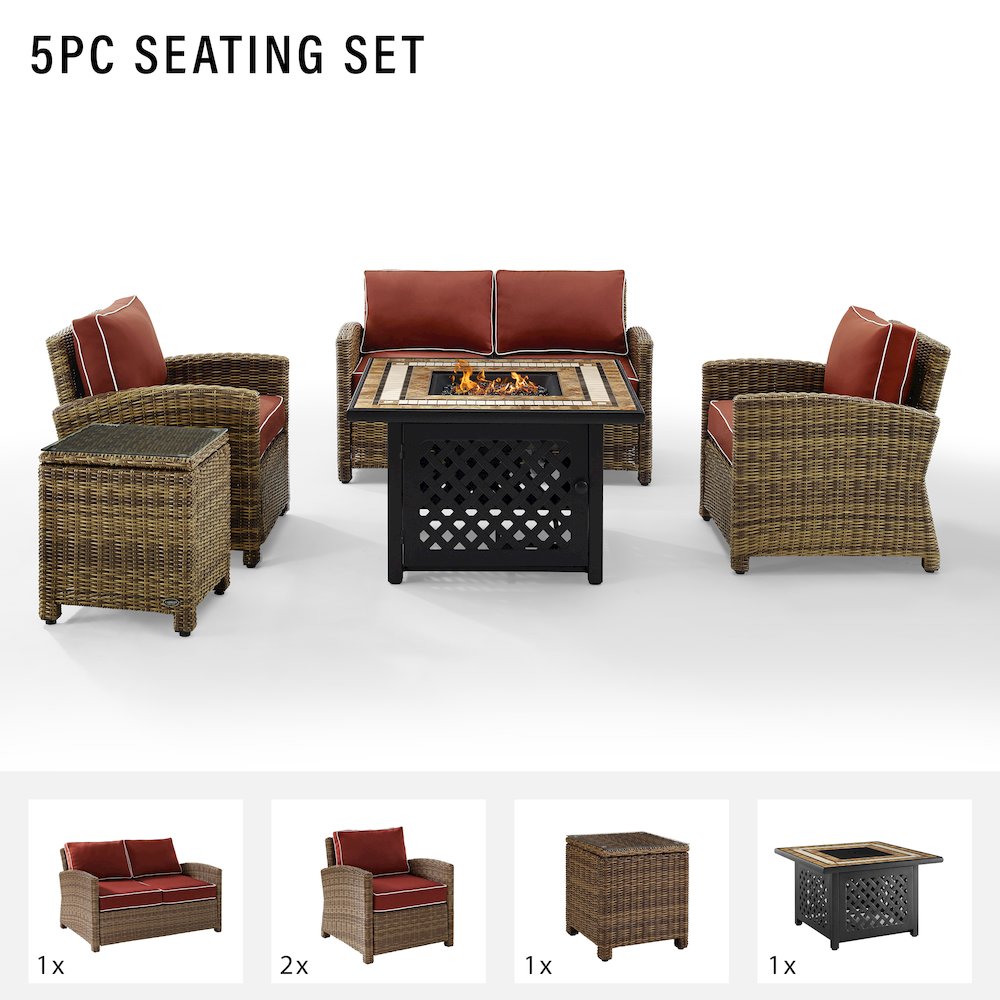 Bradenton 5Pc Wicker Outdoor Loveseat Set W/ Fire Table