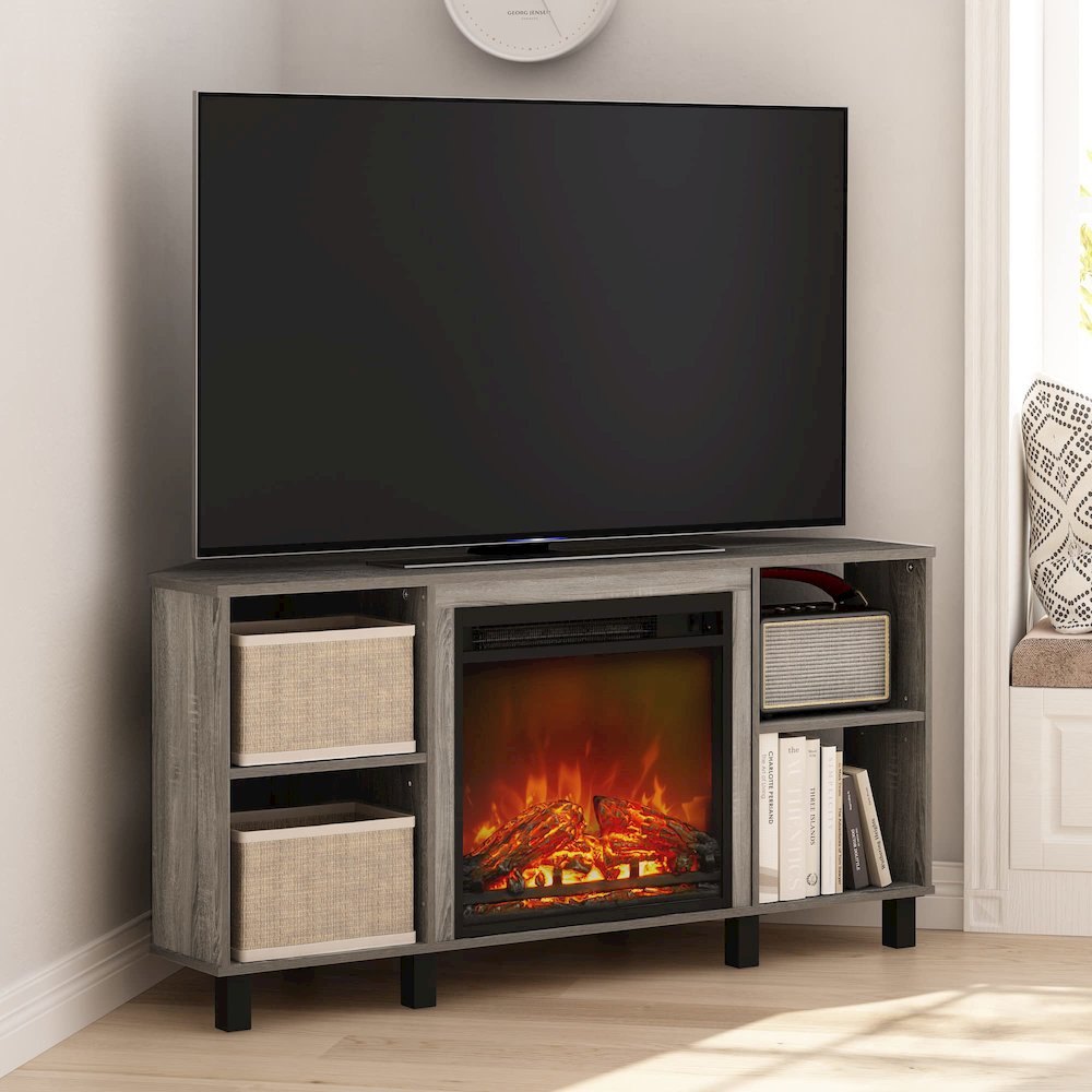 Furinno Jensen Corner Fireplce TV Stand with Metal Leg for TV up to 55 Inches