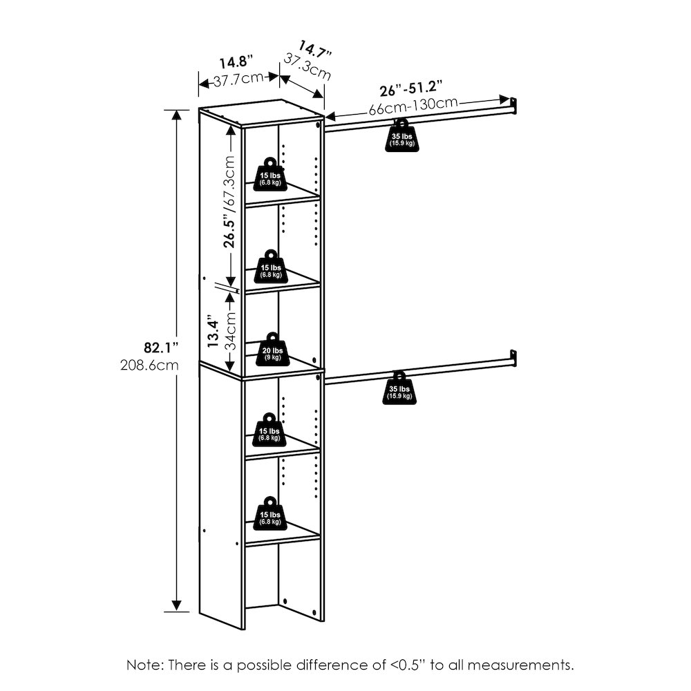 Fano Clothing & Closet Storage Organizer Shelf Tower with 2 Hanging Bars