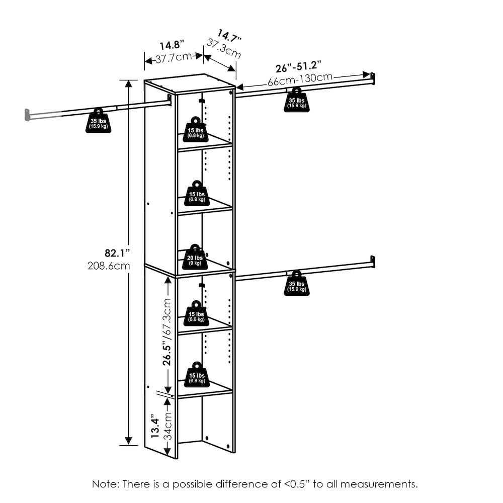 Fano Clothing & Closet Storage Organizer Shelf Tower with 3 Hanging Bars