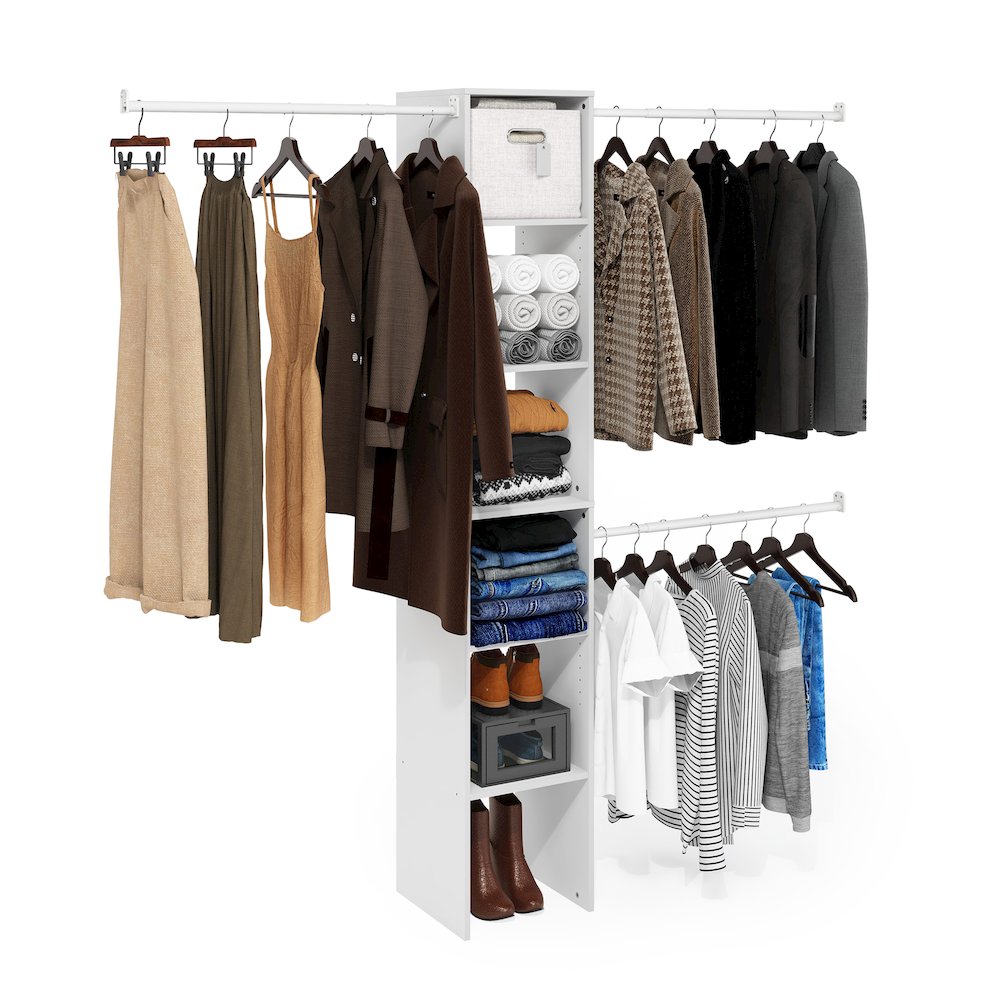 Fano Clothing & Closet Storage Organizer Shelf Tower with 3 Hanging Bars