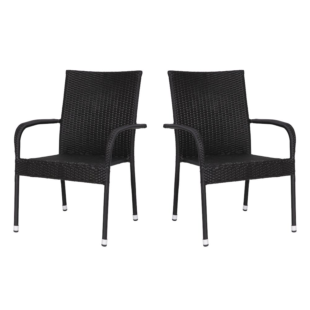 Maxim Set of 2 Stackable Indoor/Outdoor Wicker Dining Chairs with Arms – Fade & Weather-Resistant Steel Frames – Black