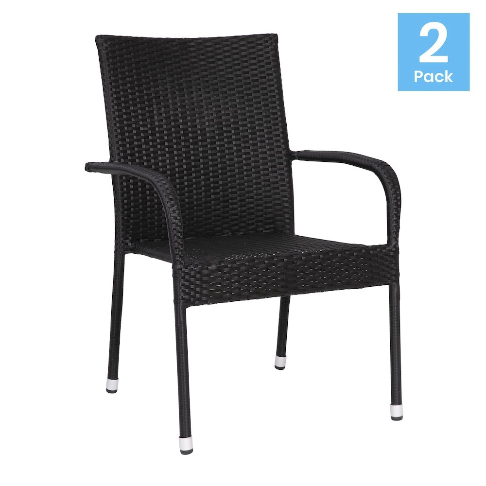 Maxim Set of 2 Stackable Indoor/Outdoor Wicker Dining Chairs with Arms – Fade & Weather-Resistant Steel Frames – Black