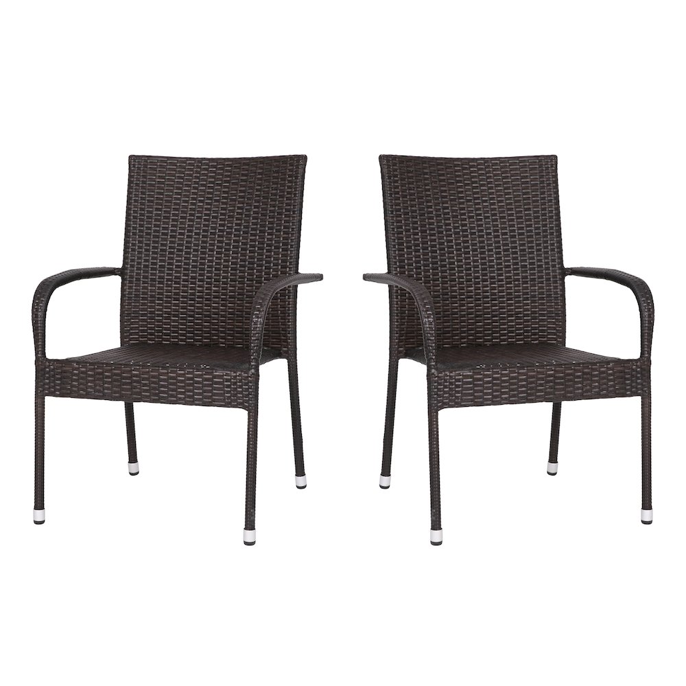 Maxim Set of 2 Stackable Indoor/Outdoor Wicker Dining Chairs with Arms – Fade & Weather-Resistant Steel Frames – Espresso
