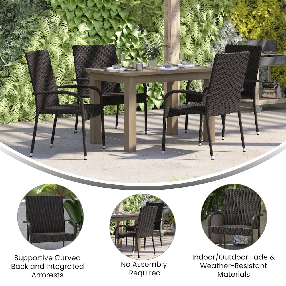 Maxim Set of 2 Stackable Indoor/Outdoor Wicker Dining Chairs with Arms – Fade & Weather-Resistant Steel Frames – Espresso