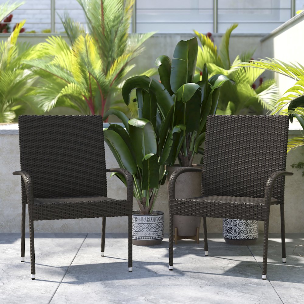 Maxim Set of 2 Stackable Indoor/Outdoor Wicker Dining Chairs with Arms – Fade & Weather-Resistant Steel Frames – Espresso