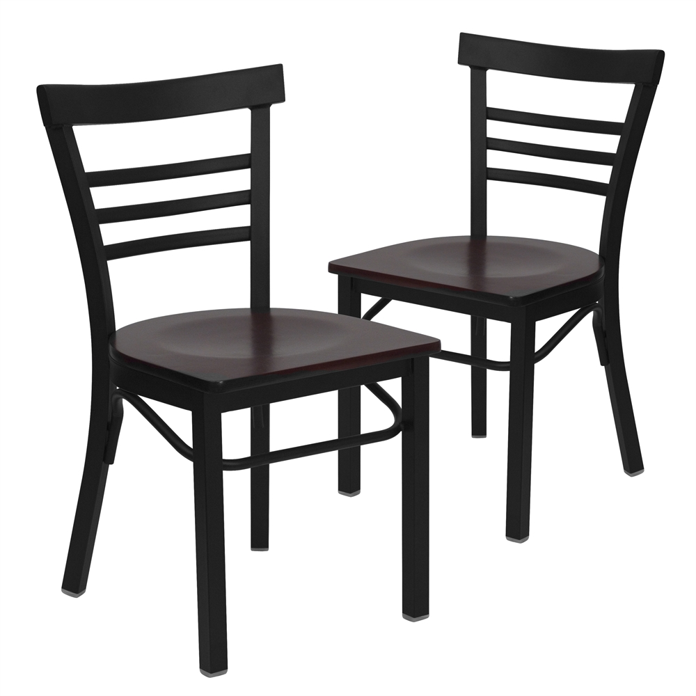 2 Pk. HERCULES Series Black Ladder Back Metal Restaurant Chair – Mahogany Wood Seat