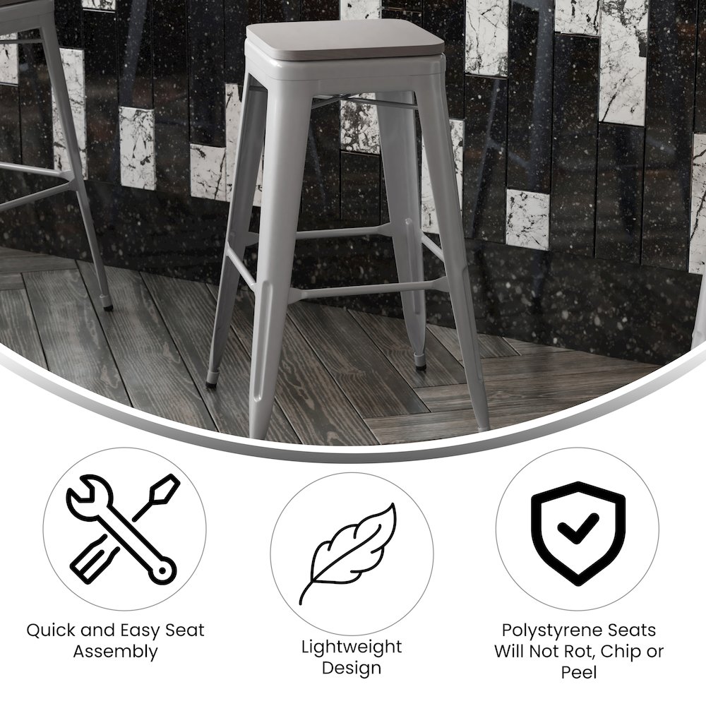 Cierra Set of 4 Commercial Grade 30″ High Backless Silver Metal Indoor Bar Height Stools with Gray All-Weather Poly Resin Seats