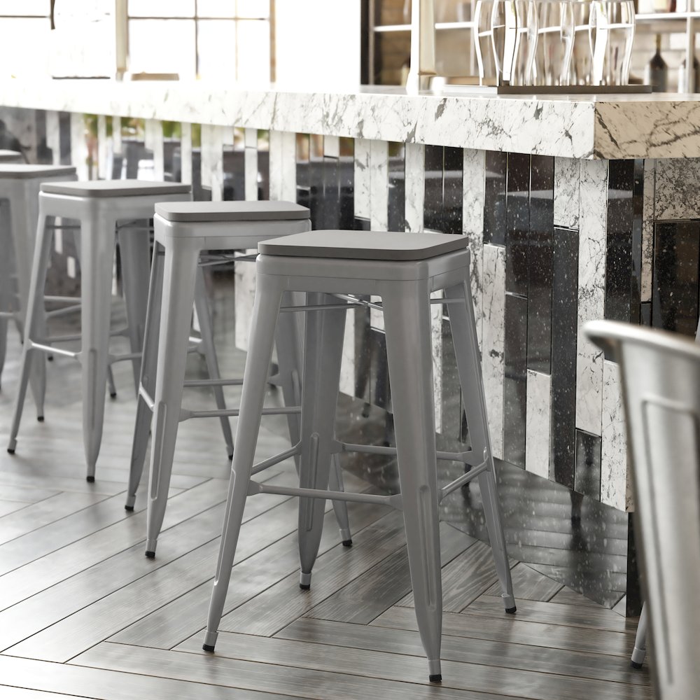 Cierra Set of 4 Commercial Grade 30″ High Backless Silver Metal Indoor Bar Height Stools with Gray All-Weather Poly Resin Seats