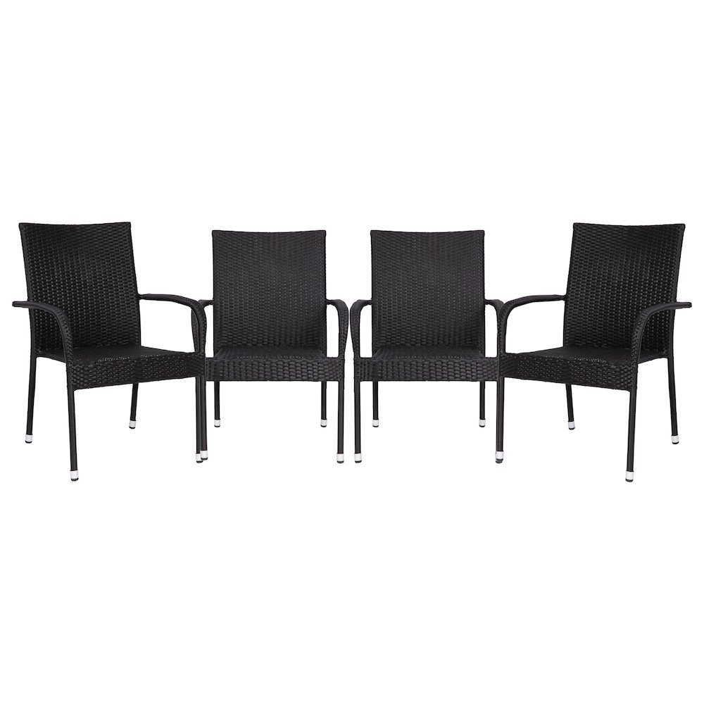 Maxim Set of 4 Stackable Indoor/Outdoor Wicker Dining Chairs with Arms – Fade & Weather-Resistant Steel Frames – Black