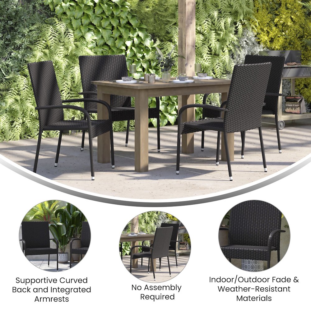 Maxim Set of 4 Stackable Indoor/Outdoor Wicker Dining Chairs with Arms – Fade & Weather-Resistant Steel Frames – Black