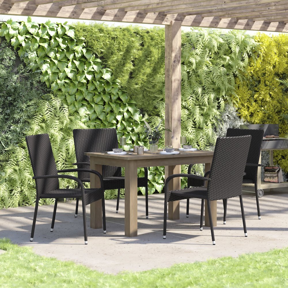 Maxim Set of 4 Stackable Indoor/Outdoor Wicker Dining Chairs with Arms – Fade & Weather-Resistant Steel Frames – Black