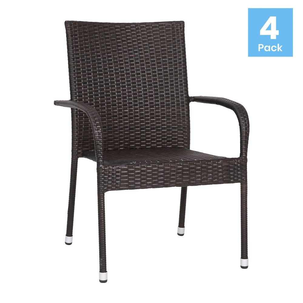 Maxim Set of 4 Stackable Indoor/Outdoor Wicker Dining Chairs with Arms – Fade & Weather-Resistant Steel Frames – Espresso