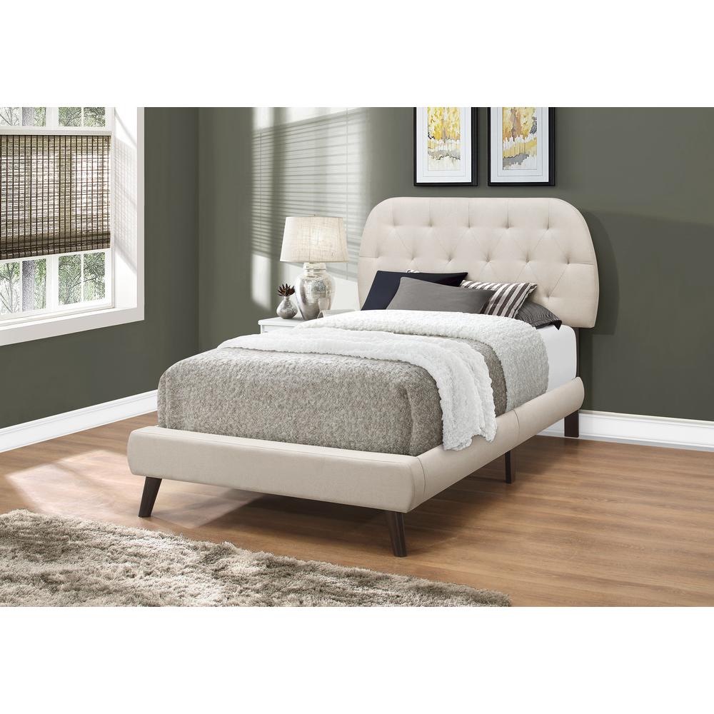 BED – TWIN SIZE / BEIGE LINEN WITH BROWN WOOD LEGS