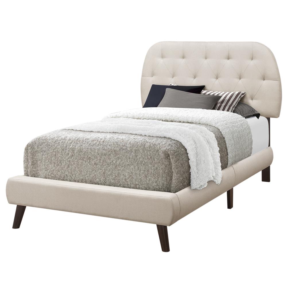 BED – TWIN SIZE / BEIGE LINEN WITH BROWN WOOD LEGS