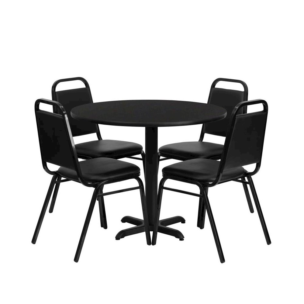36” Black Table Set with X-Base and 4 Black Trapezoidal Back Banquet Chairs