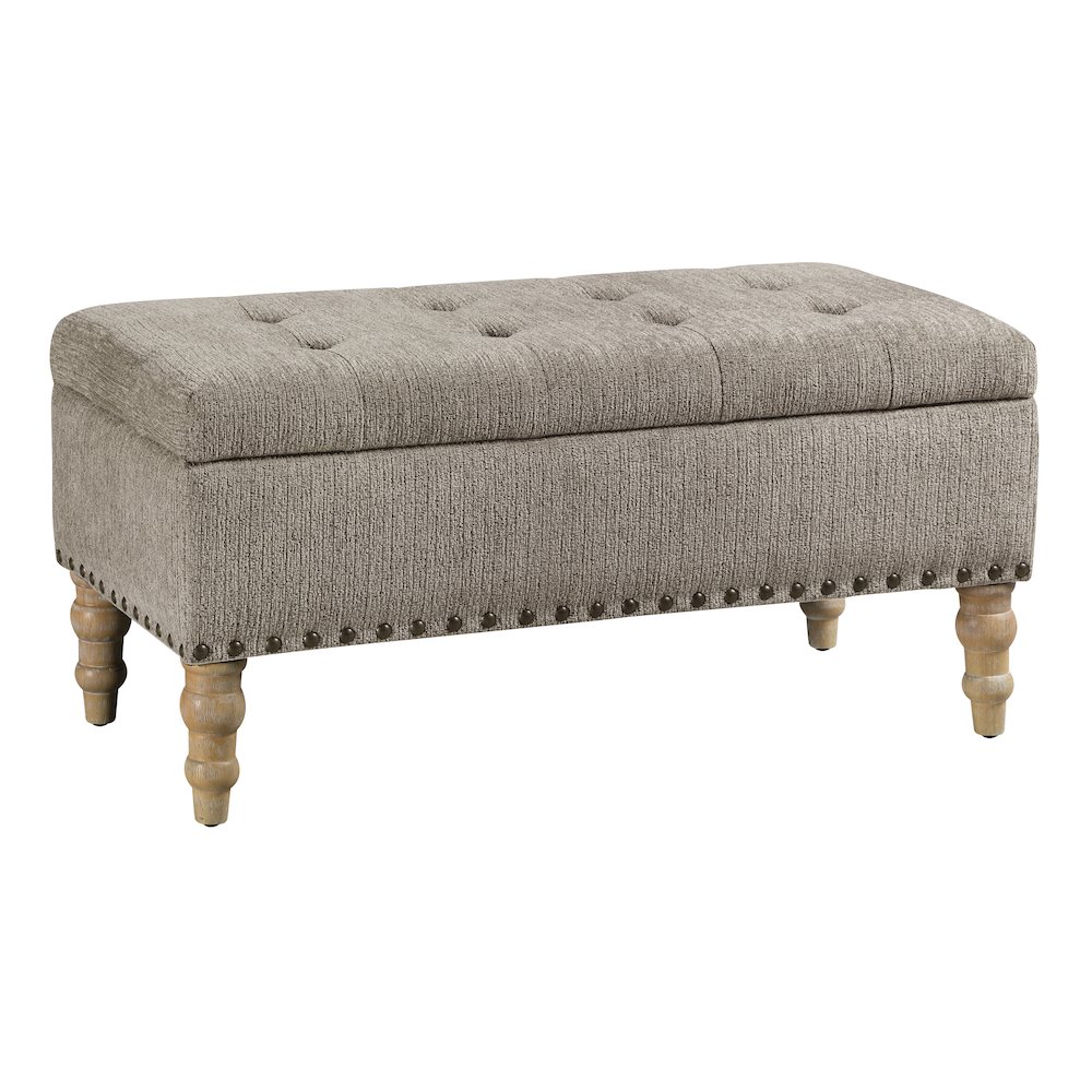 Woodbury Storage Bench In Taupe With Antique Bronze Nail Heads With Brushed Legs