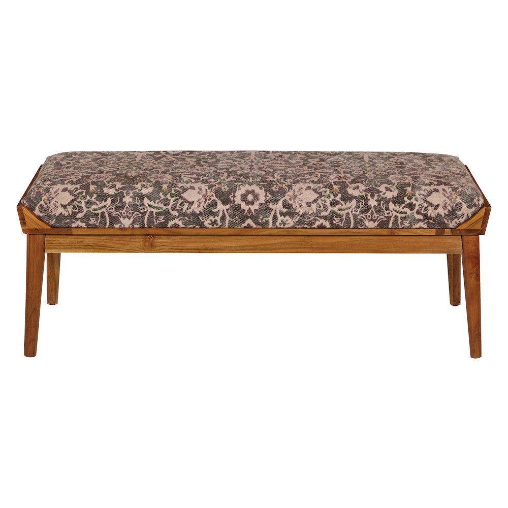 Bench with Upholstered Flower Printed Fabric and Natural Woodgrain Finished legs
