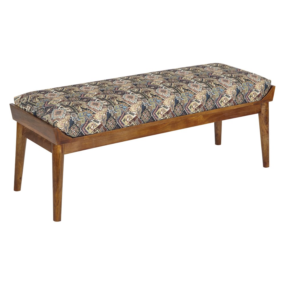 Bench with Printed Tapestry upholstery and Natural Woodgrain Finished legs