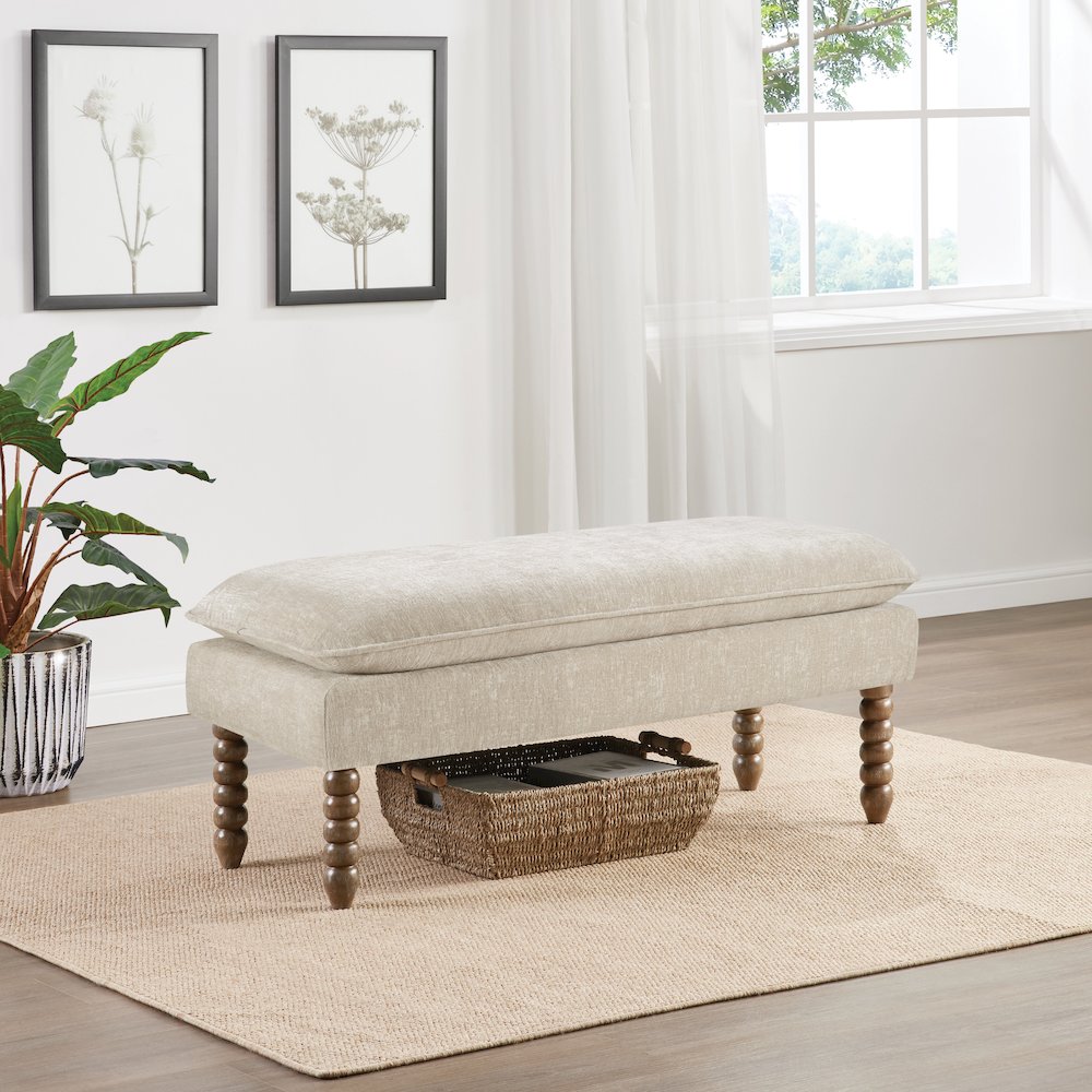Selina Pillow Top Bench in Linen Fabric With Rustic Brown Finish Spindle Legs