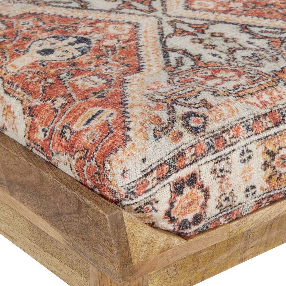Bench with Printed Tapestry upholstery and Natural Woodgrain Finished legs