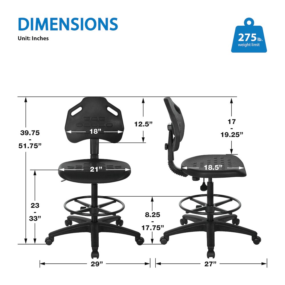 Black Skinned Urethane Drafting Chair With Adjustable Black Footrest And Casters