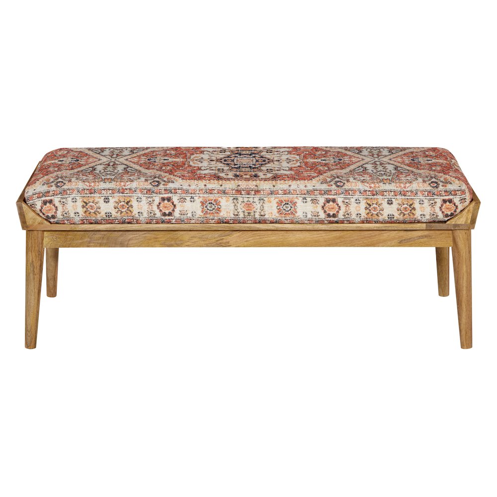 Bench with Printed Tapestry upholstery and Natural Woodgrain Finished legs
