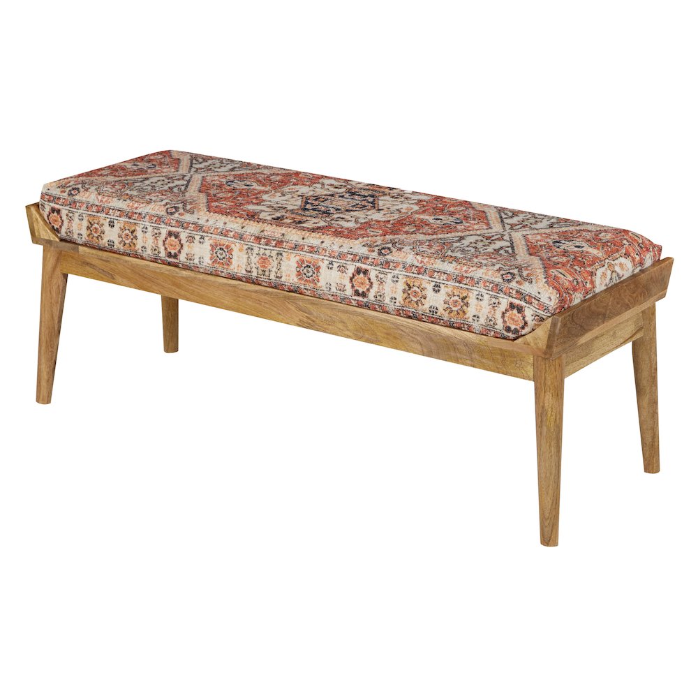 Bench with Printed Tapestry upholstery and Natural Woodgrain Finished legs