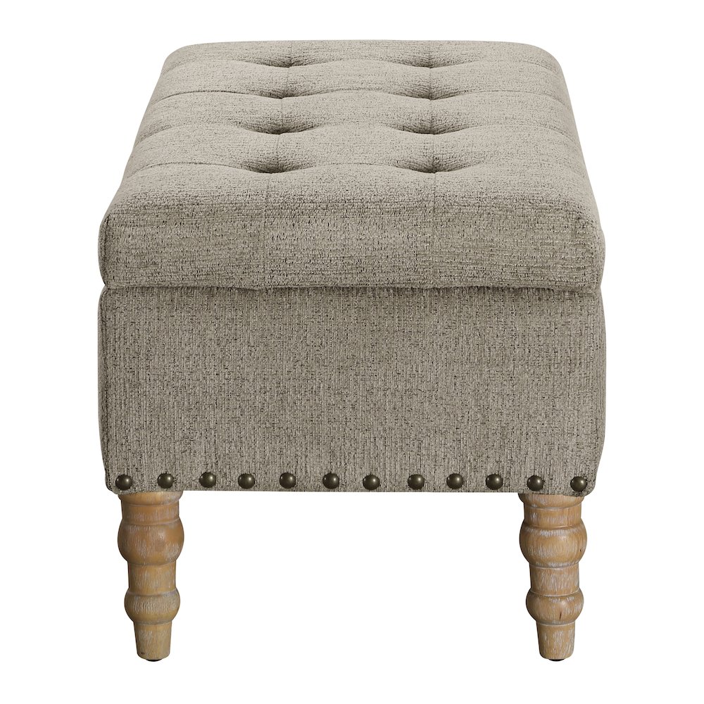 Woodbury Storage Bench In Taupe With Antique Bronze Nail Heads With Brushed Legs