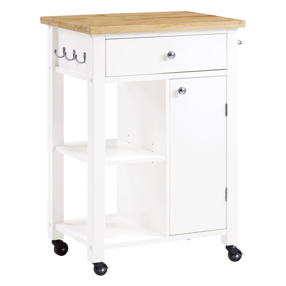 Derry Kitchen Cart with Natural Butcher Block Top With White Finish