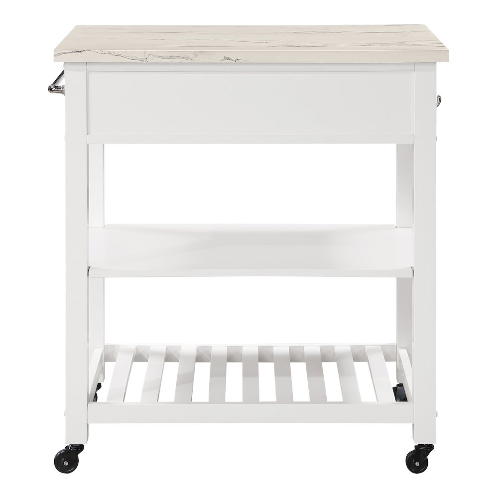 Litchfield Kitchen Cart With Faux Marble Top in White Finish