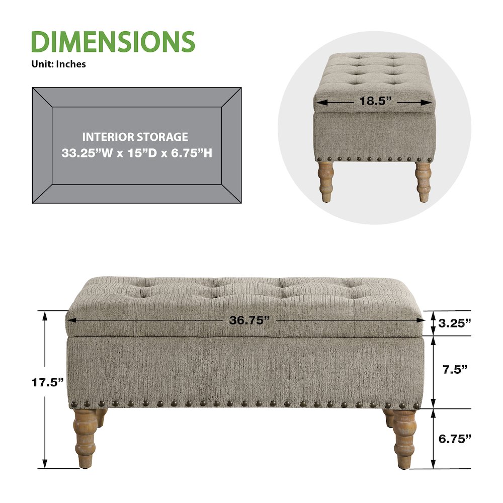 Woodbury Storage Bench In Taupe With Antique Bronze Nail Heads With Brushed Legs