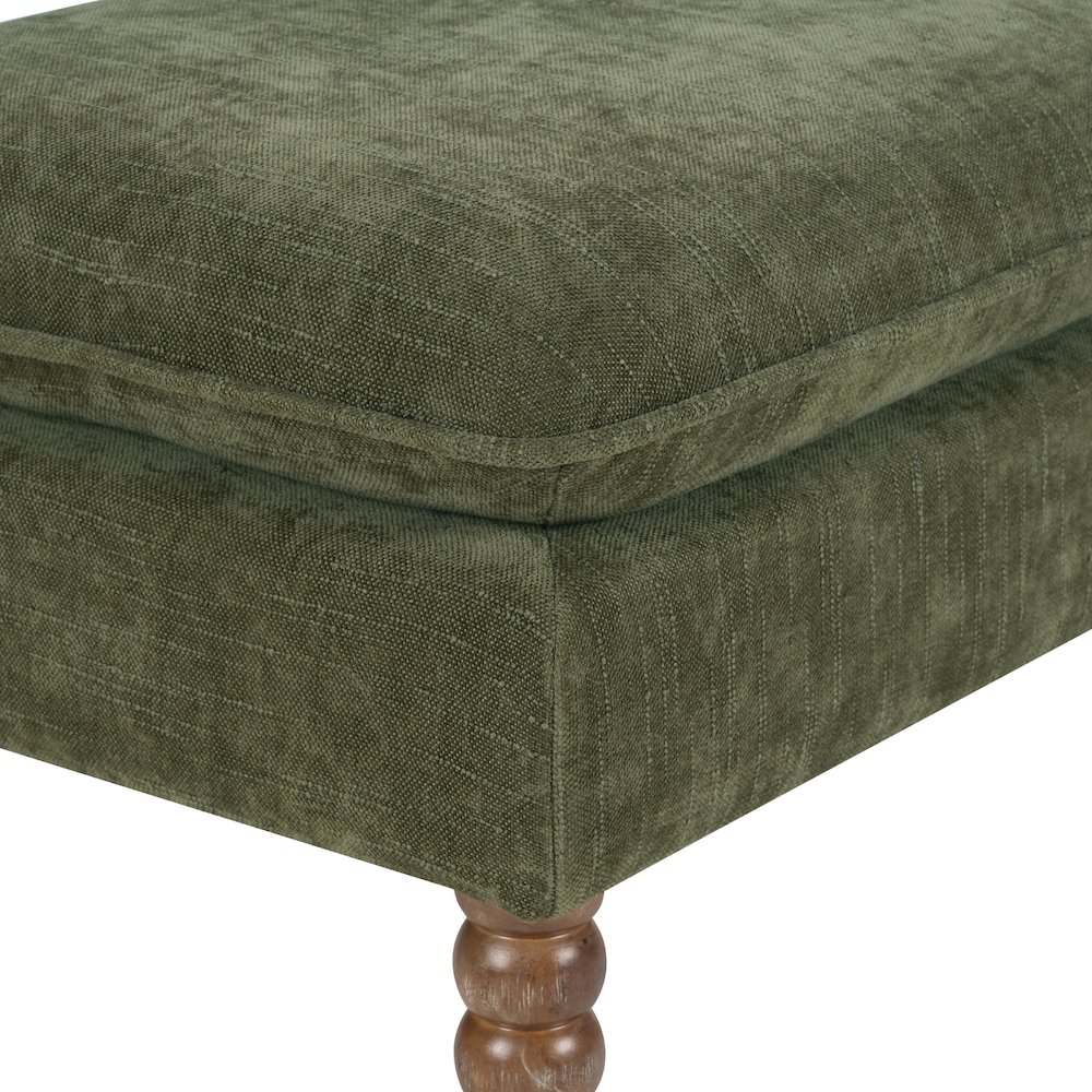 Pillow Top Bench in Bottle Green Fabric With Rustic Brown Finish Spindle Legs