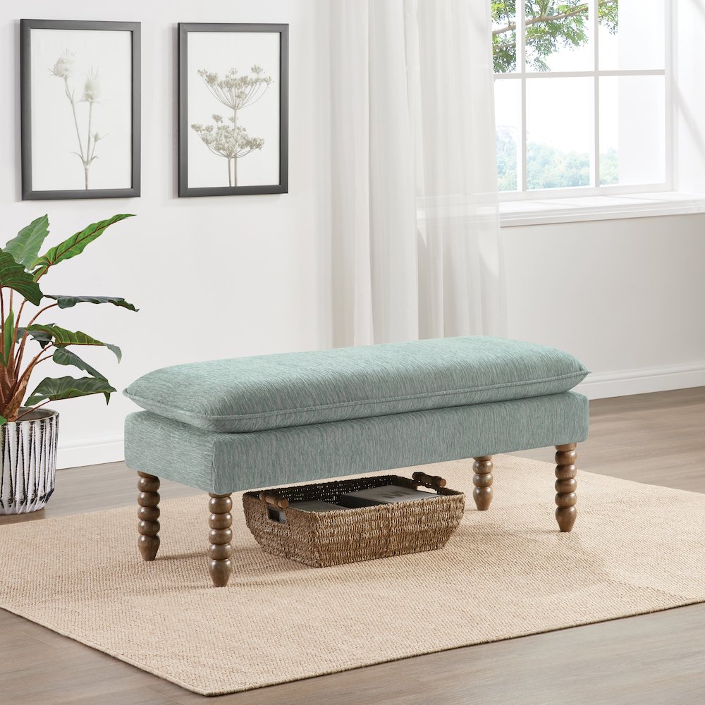 Selina Pillow Top Bench in Mist Fabric With Rustic Brown Finish Spindle Legs