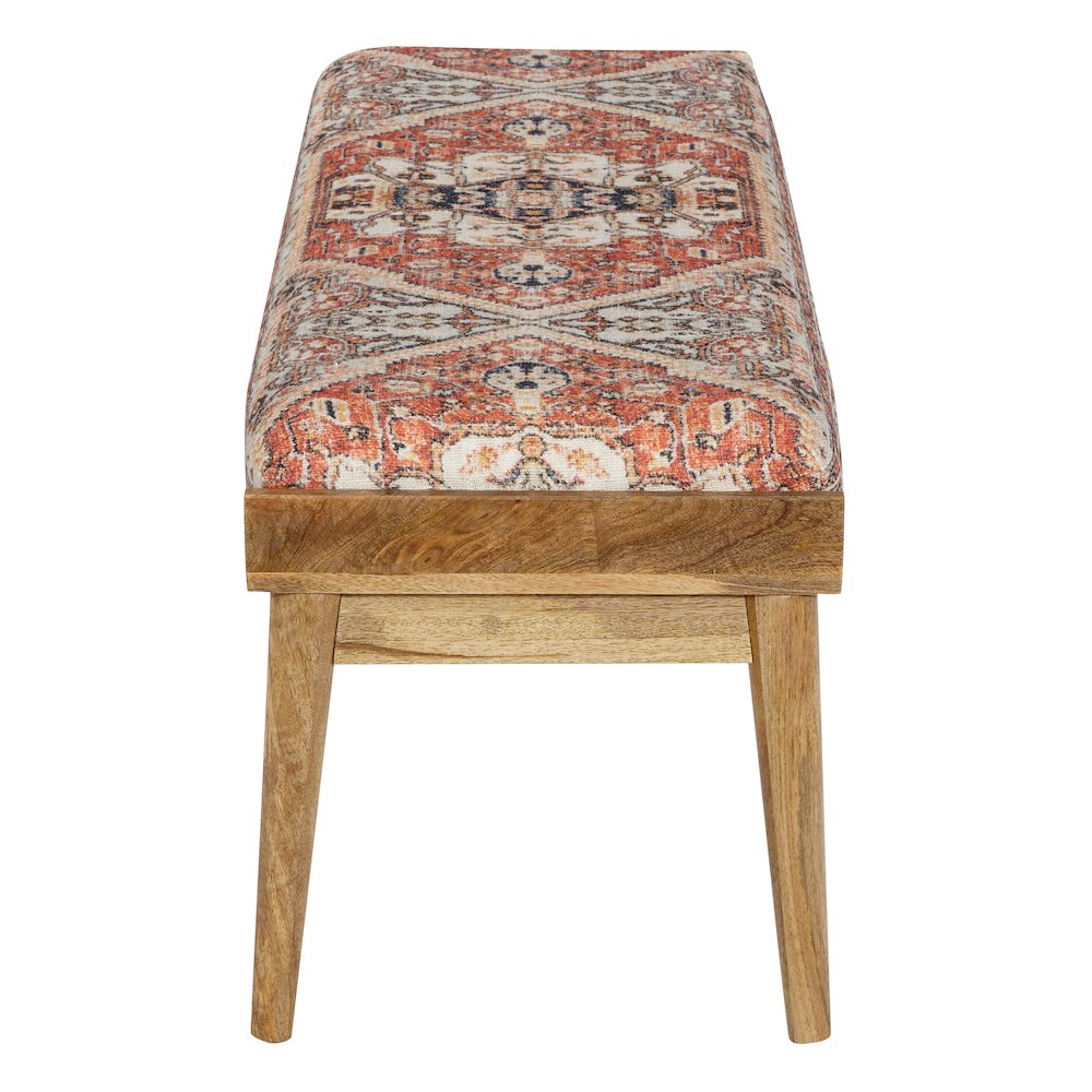 Bench with Printed Tapestry upholstery and Natural Woodgrain Finished legs