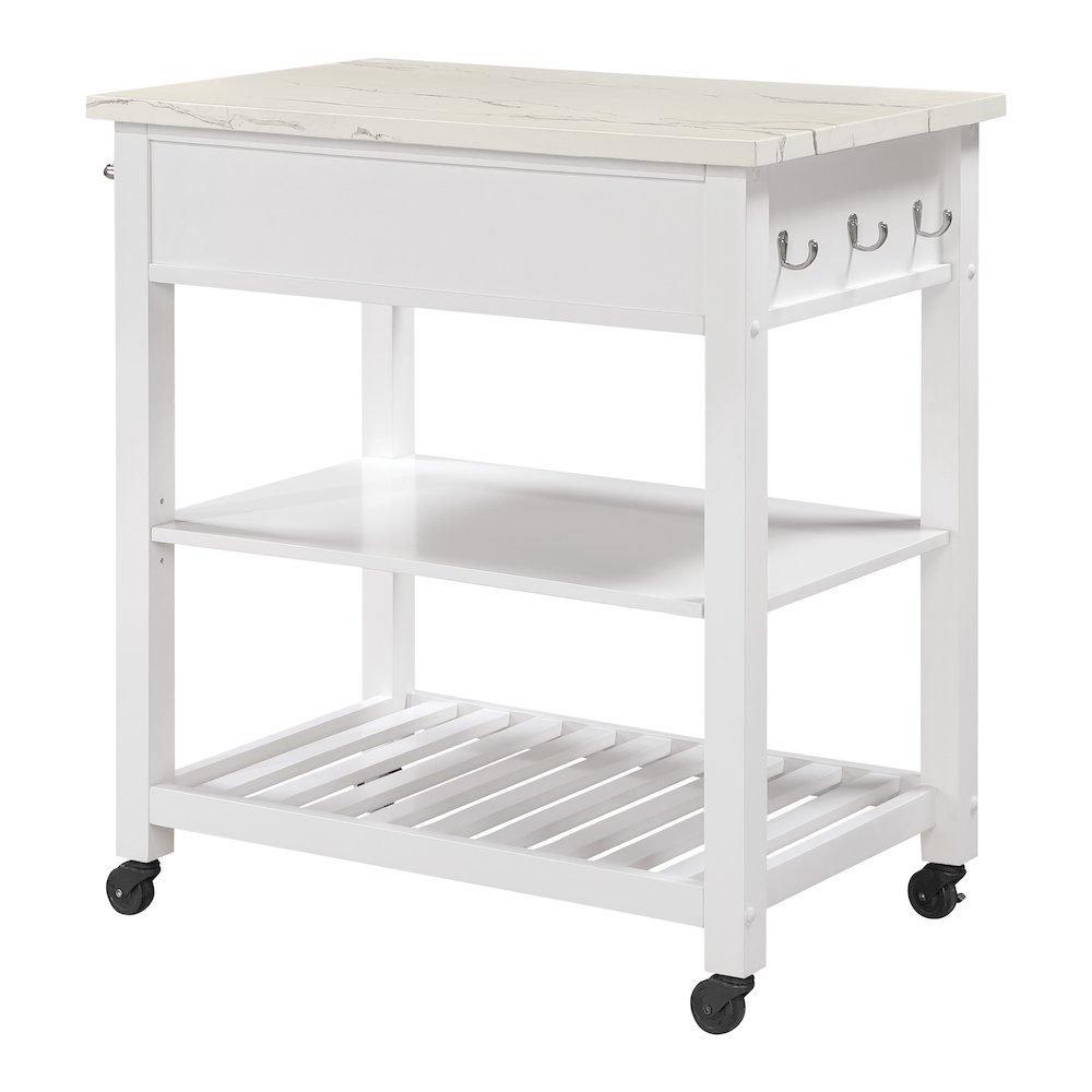 Litchfield Kitchen Cart With Faux Marble Top in White Finish